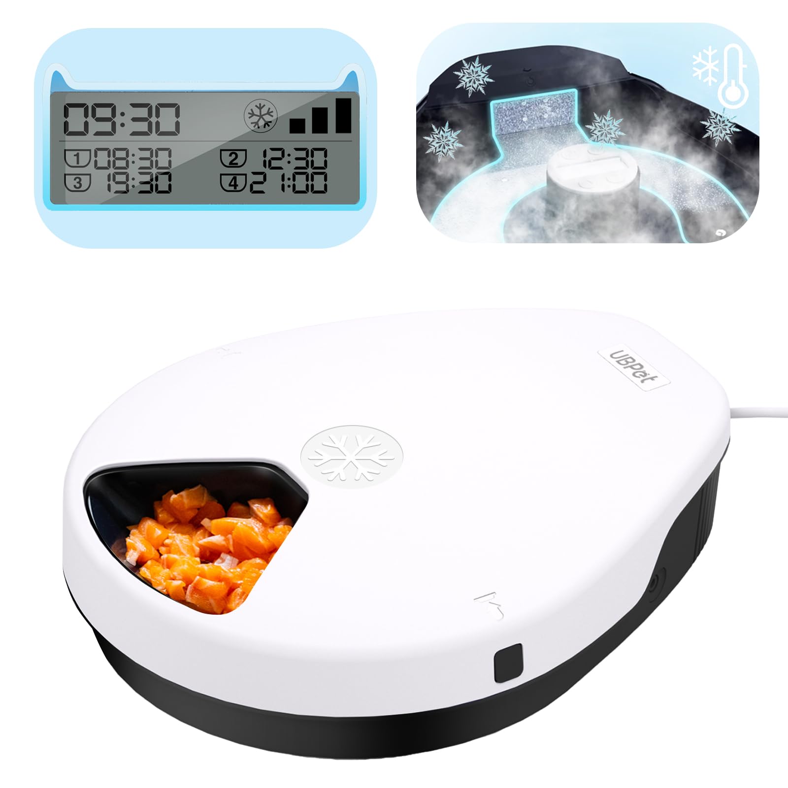 UBPET Automatic Cat Feeder Wet Food with Cooling, Semiconductor Refrigeration, with Timer, 5 Food Compartments for 330g Pet Food Each, Premium Meal Plates, Washable, for Cats, Dogs