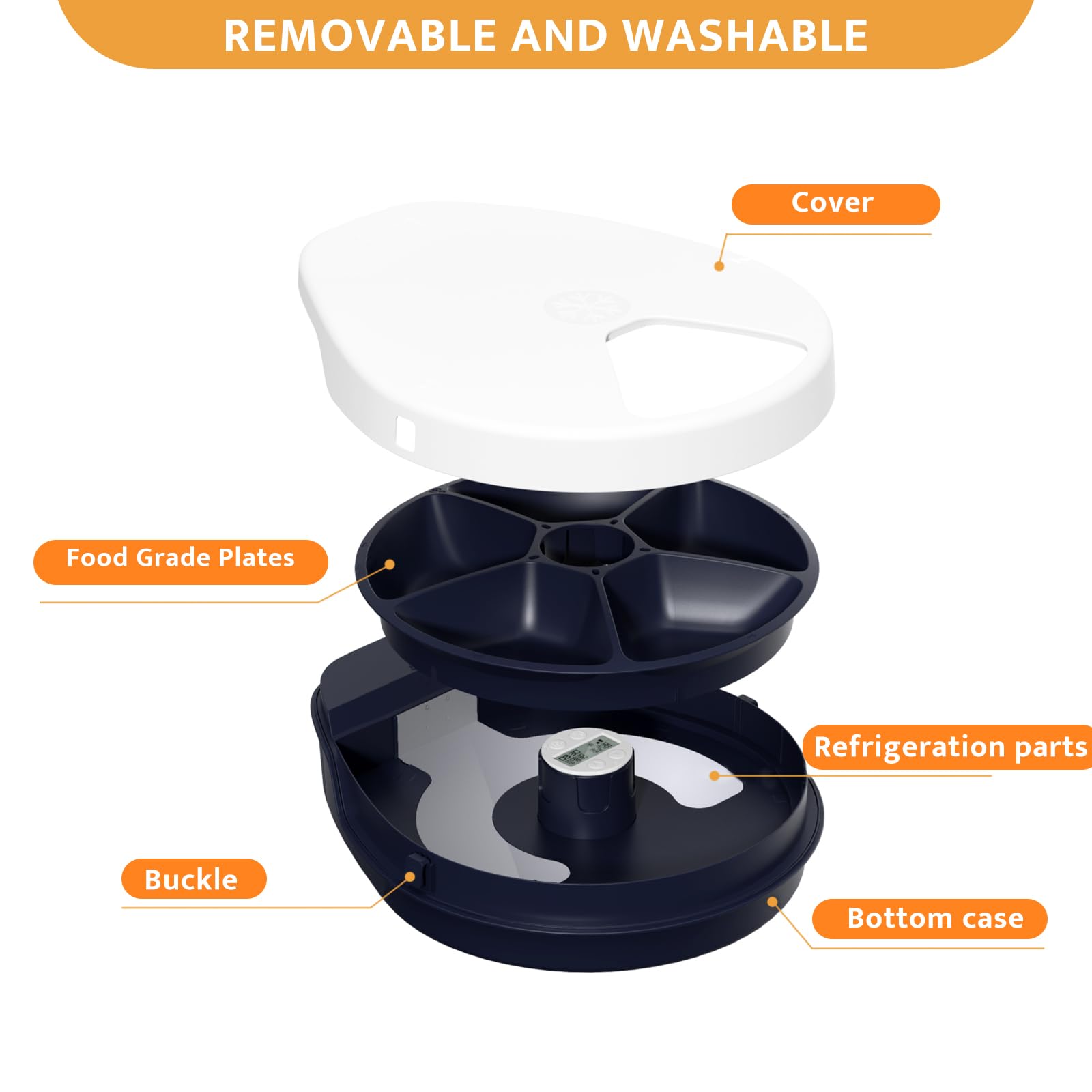 UBPET Automatic Cat Feeder Wet Food with Cooling, Semiconductor Refrigeration, with Timer, 5 Food Compartments for 330g Pet Food Each, Premium Meal Plates, Washable, for Cats, Dogs