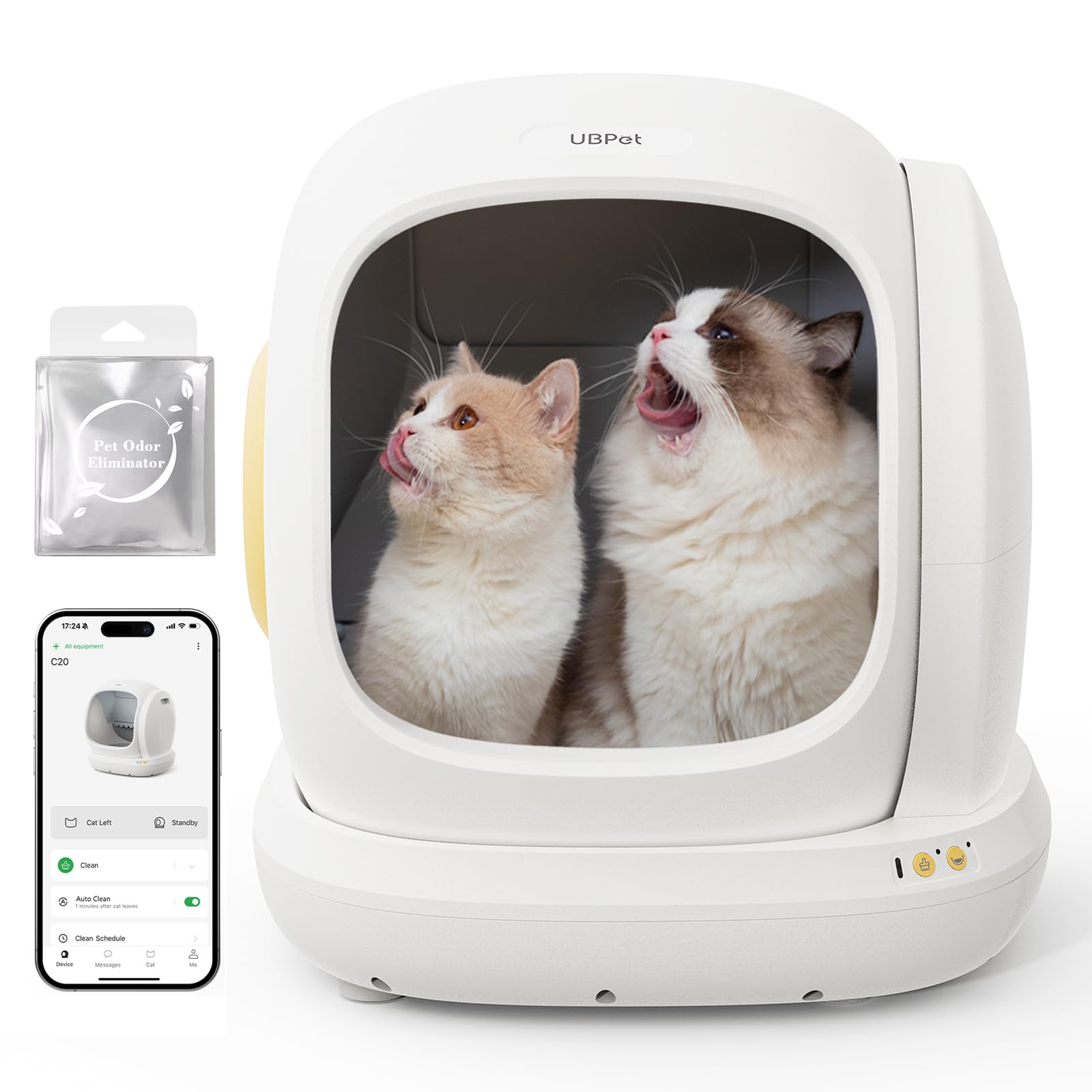 UBPET C20 Big-Opening Self Cleaning Cat Litter Tray Automatic Litter Box, 0 Cat-trap Risk | Deodorize | Low Entry | APP Control Electric Smart Robot Litter Box for Multiple Cats