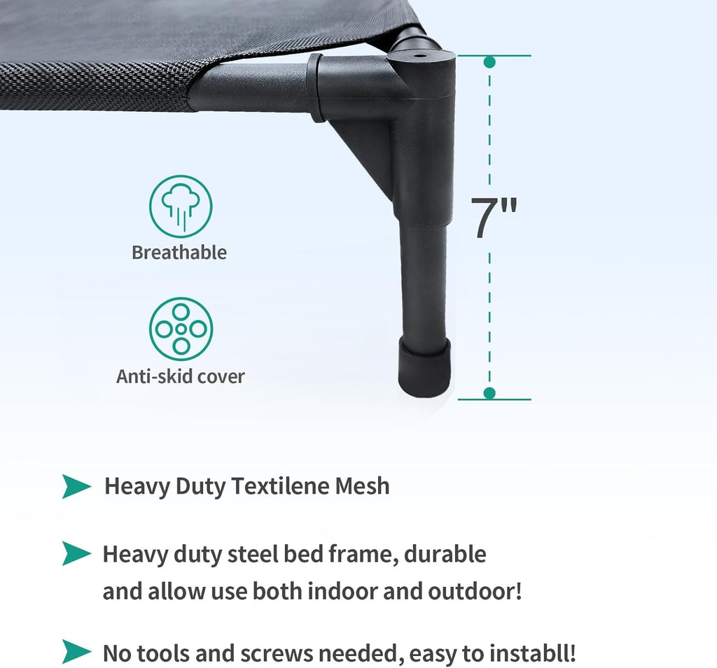 Small Elevated Outdoor Dog Bed (28x22x7in) - Raised, Waterproof, Breathable Teslin Mesh, Durable, Non-Slip, Portable Camping Bed for Dogs (Max Weight 60 lbs), Black
