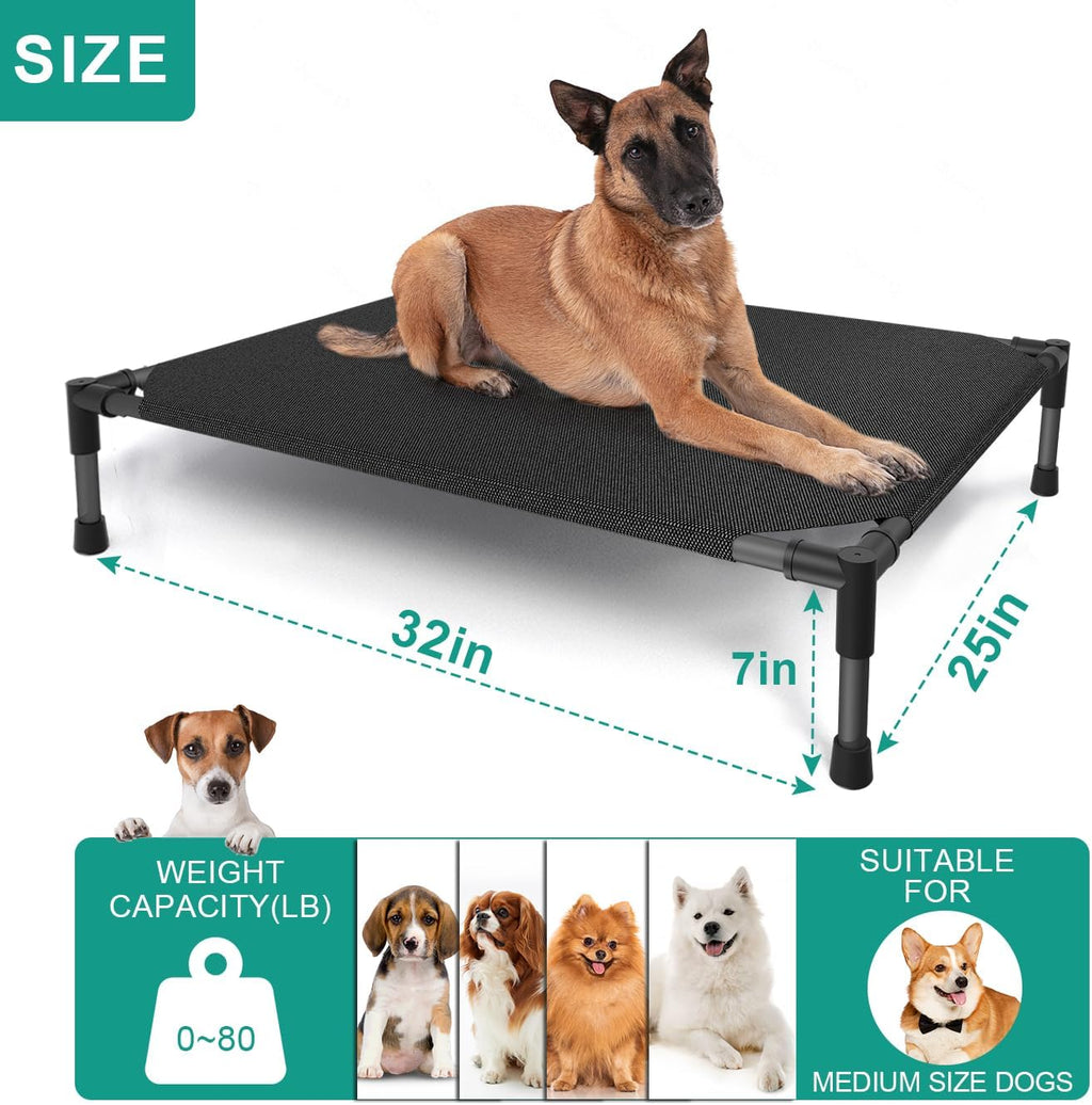 Medium Elevated Outdoor Dog Bed (32x25x8in) – Raised, Summer-Ready, Waterproof Dog Cot with Breathable Teslin Mesh, Durable Non-Slip Base, Portable Design, 80 lbs Capacity, Black