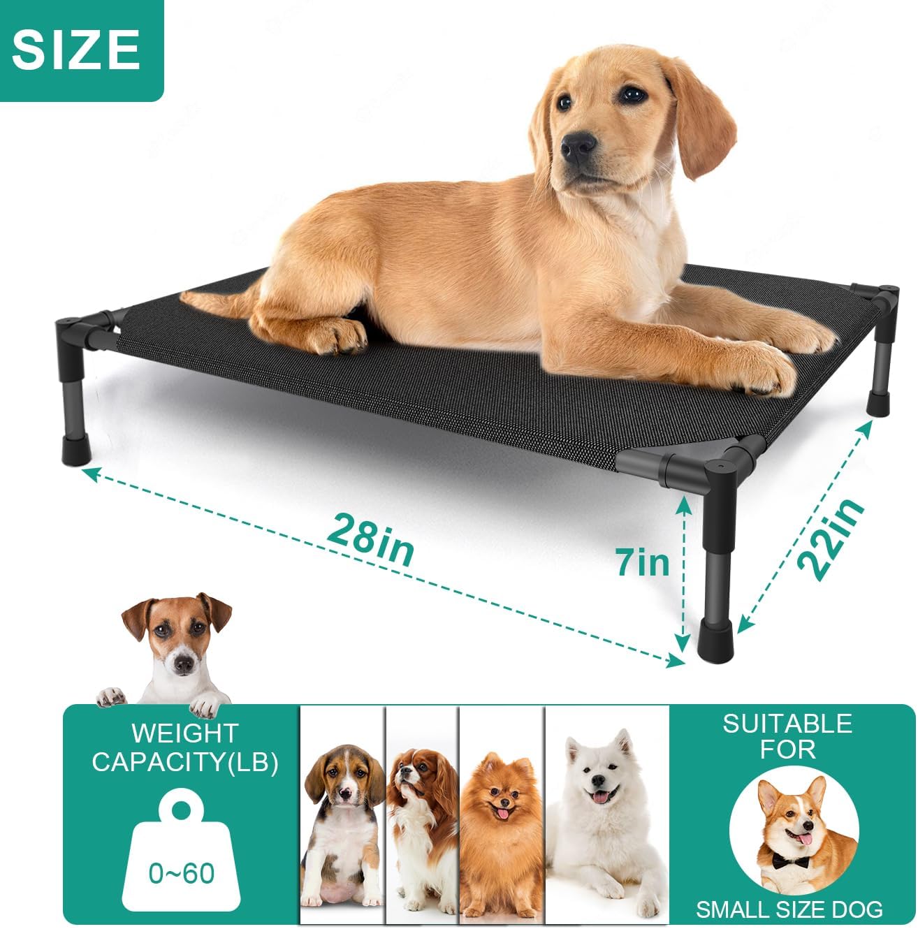 Small Elevated Outdoor Dog Bed (28x22x7in) - Raised, Waterproof, Breathable Teslin Mesh, Durable, Non-Slip, Portable Camping Bed for Dogs (Max Weight 60 lbs), Black
