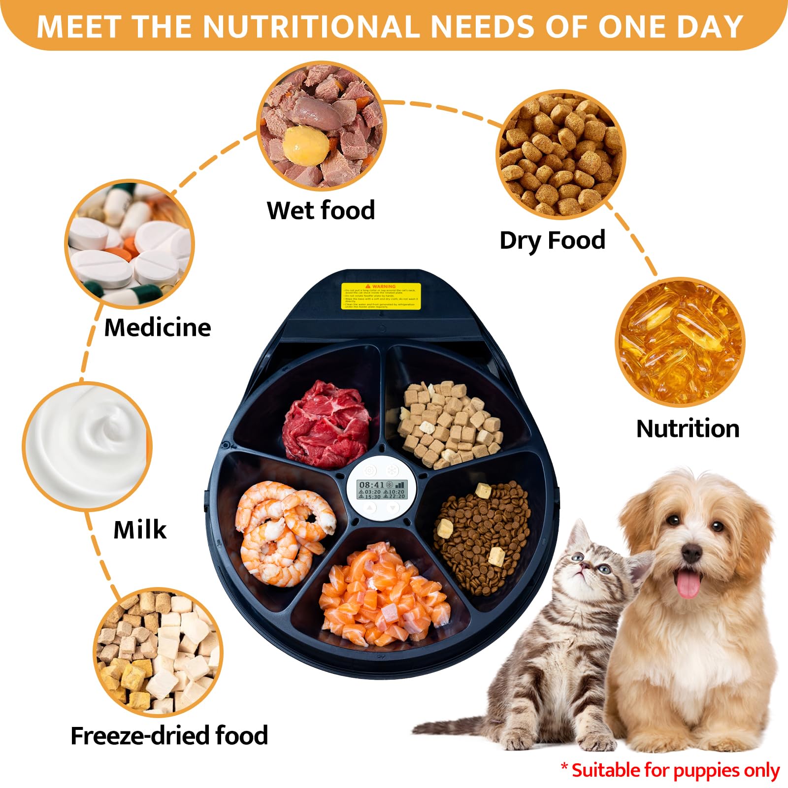 UBPET Automatic Cat Feeder Wet Food with Cooling, Semiconductor Refrigeration, with Timer, 5 Food Compartments for 330g Pet Food Each, Premium Meal Plates, Washable, for Cats, Dogs