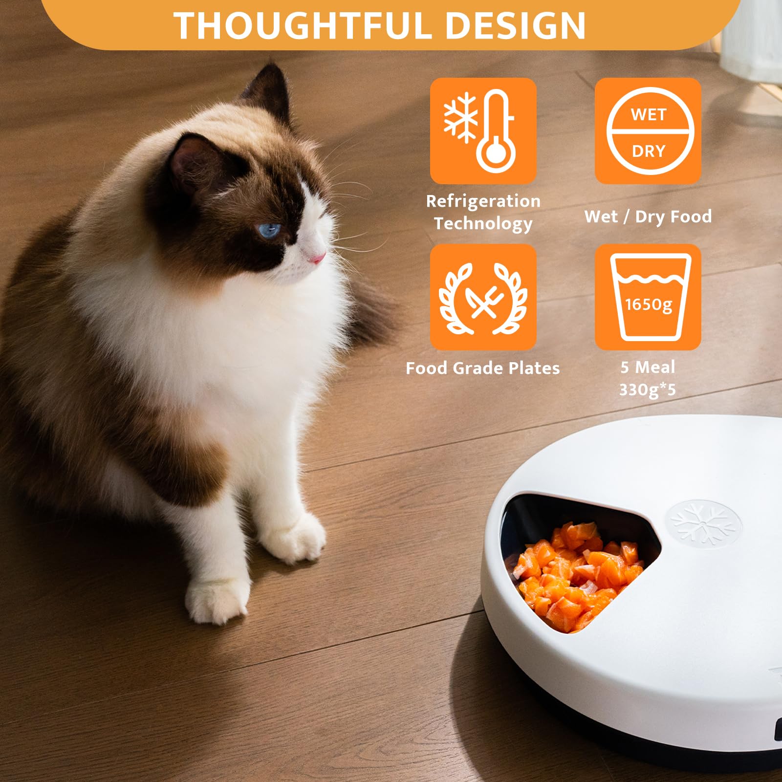 UBPET Automatic Cat Feeder Wet Food with Cooling, Semiconductor Refrigeration, with Timer, 5 Food Compartments for 330g Pet Food Each, Premium Meal Plates, Washable, for Cats, Dogs