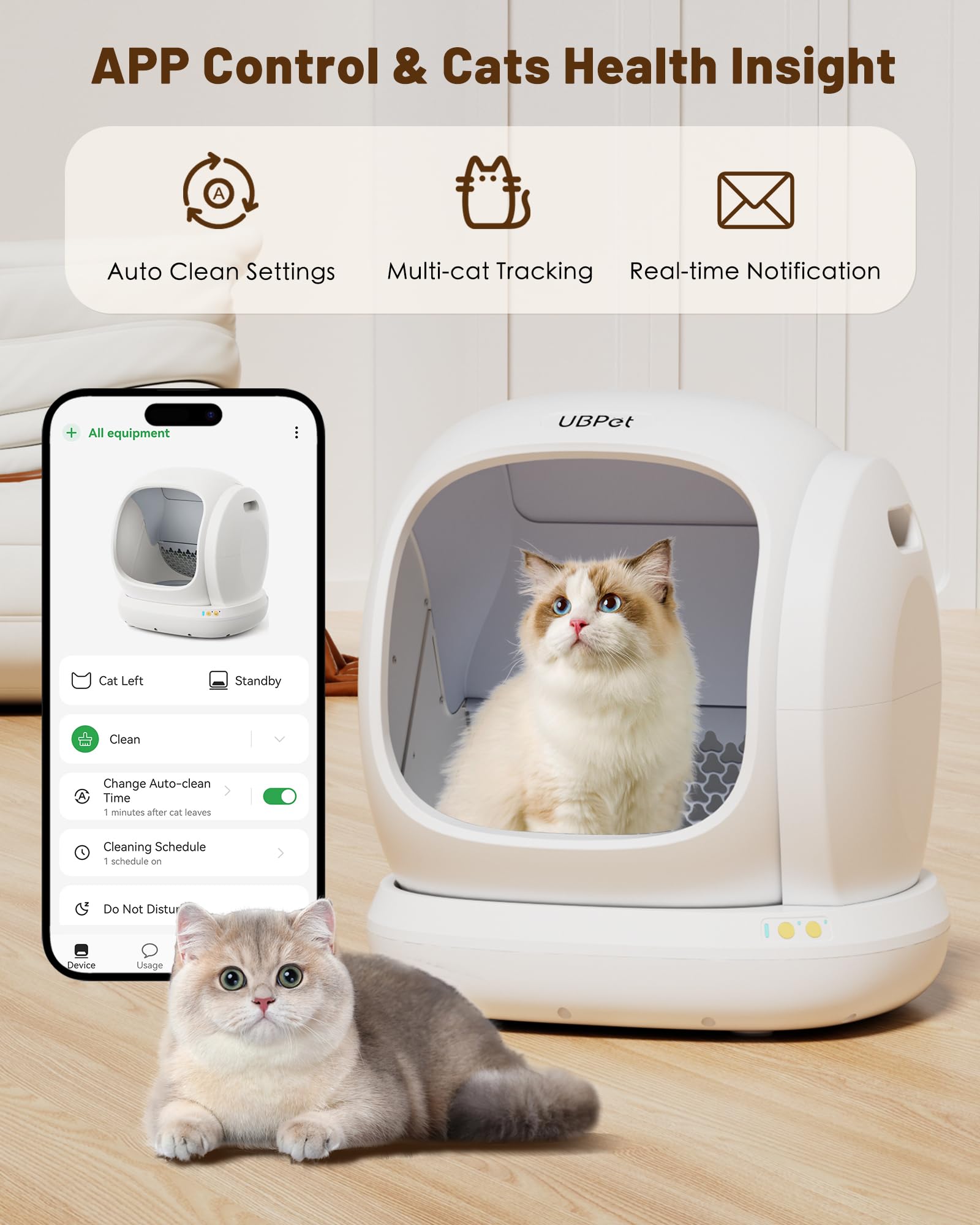 UBPET C20 Big-Opening Self Cleaning Cat Litter Tray Automatic Litter Box, 0 Cat-trap Risk | Deodorize | Low Entry | APP Control Electric Smart Robot Litter Box for Multiple Cats
