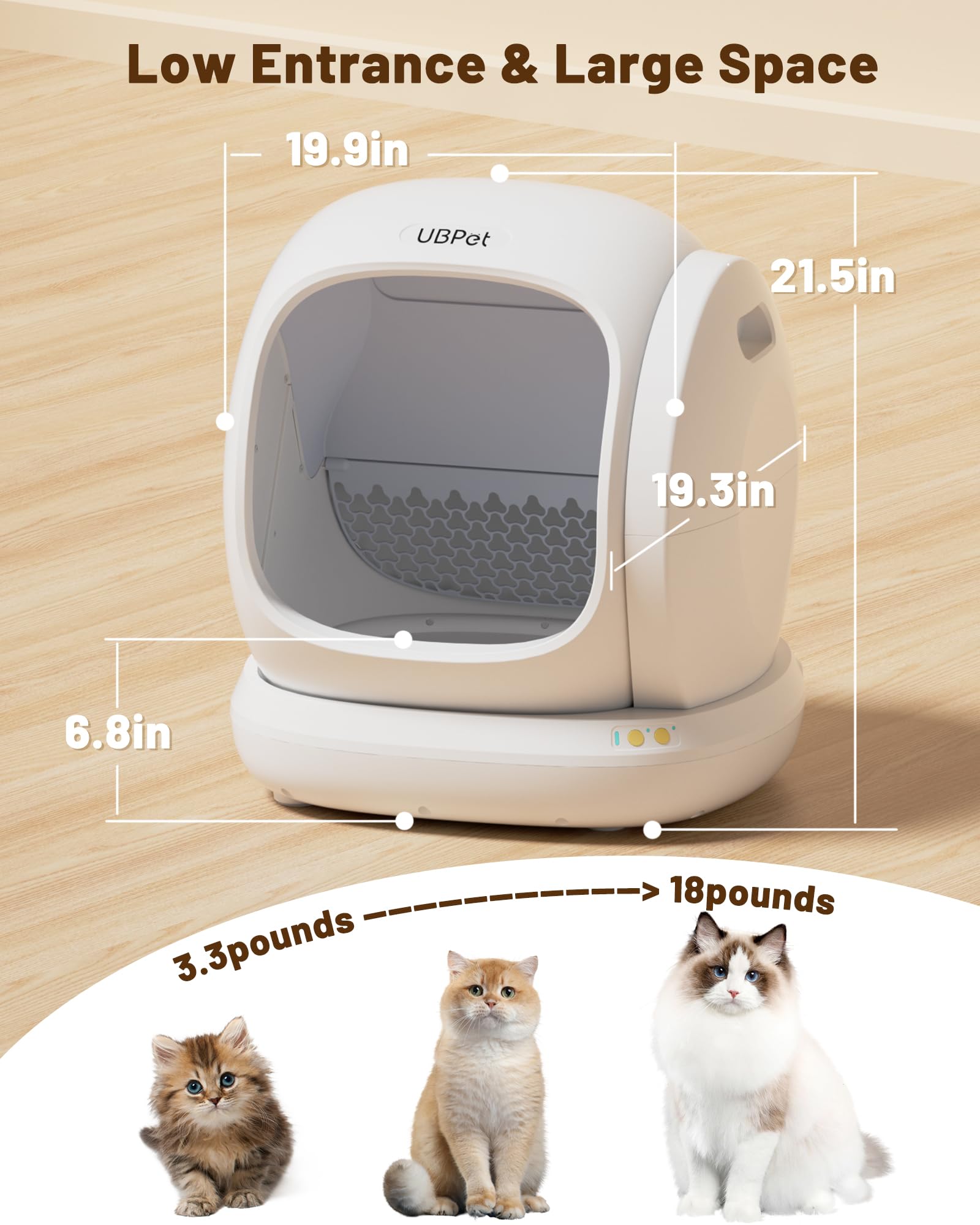 UBPET C20 Big-Opening Self Cleaning Cat Litter Tray Automatic Litter Box, 0 Cat-trap Risk | Deodorize | Low Entry | APP Control Electric Smart Robot Litter Box for Multiple Cats