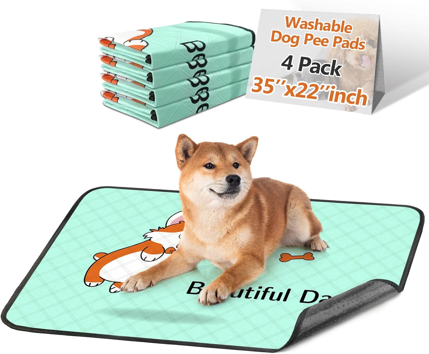 4-Pack Washable Pee Pads for Dogs (35x22in) – Extra-Absorbent, Thick, Reusable Puppy Pads with Non-Slip Base, Leak-Resistant, Ideal for Puppy Playpen, Crate, Whelping Box, and Potty Training – Blue