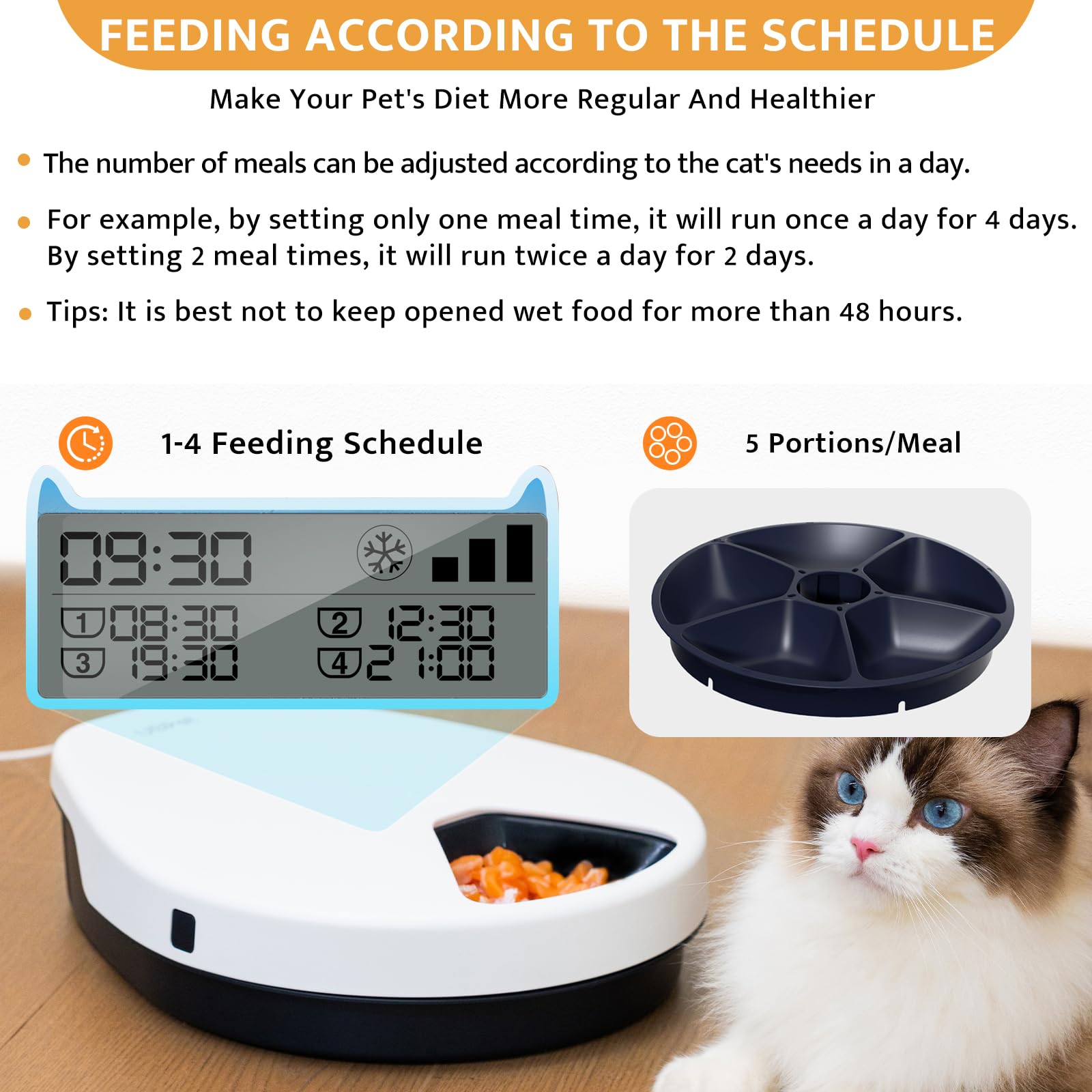 UBPET Automatic Cat Feeder Wet Food with Cooling, Semiconductor Refrigeration, with Timer, 5 Food Compartments for 330g Pet Food Each, Premium Meal Plates, Washable, for Cats, Dogs