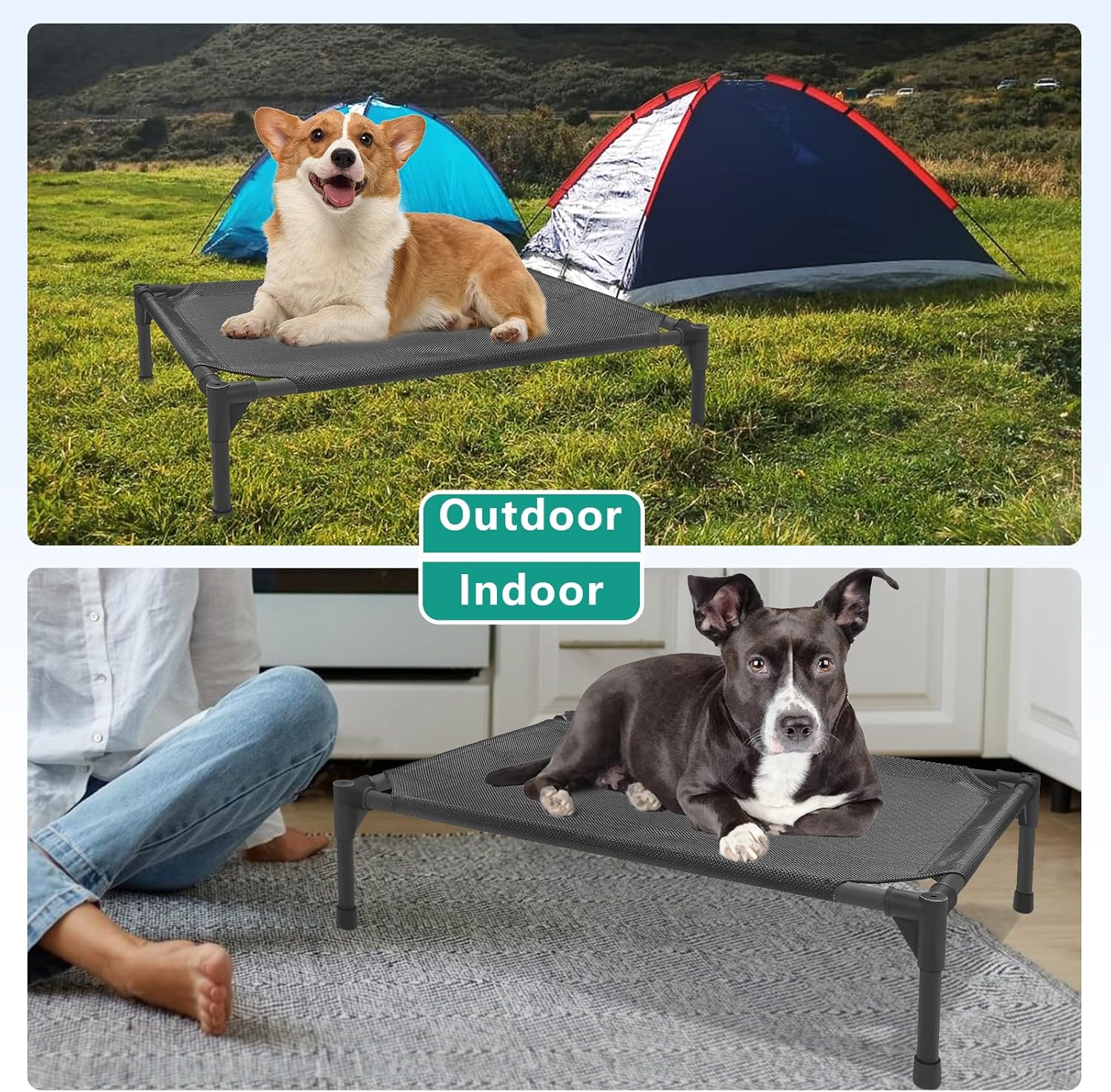 Medium Elevated Outdoor Dog Bed (32x25x8in) – Raised, Summer-Ready, Waterproof Dog Cot with Breathable Teslin Mesh, Durable Non-Slip Base, Portable Design, 80 lbs Capacity, Black