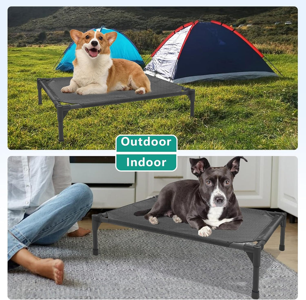 Small Elevated Outdoor Dog Bed (28x22x7in) - Raised, Waterproof, Breathable Teslin Mesh, Durable, Non-Slip, Portable Camping Bed for Dogs (Max Weight 60 lbs), Black