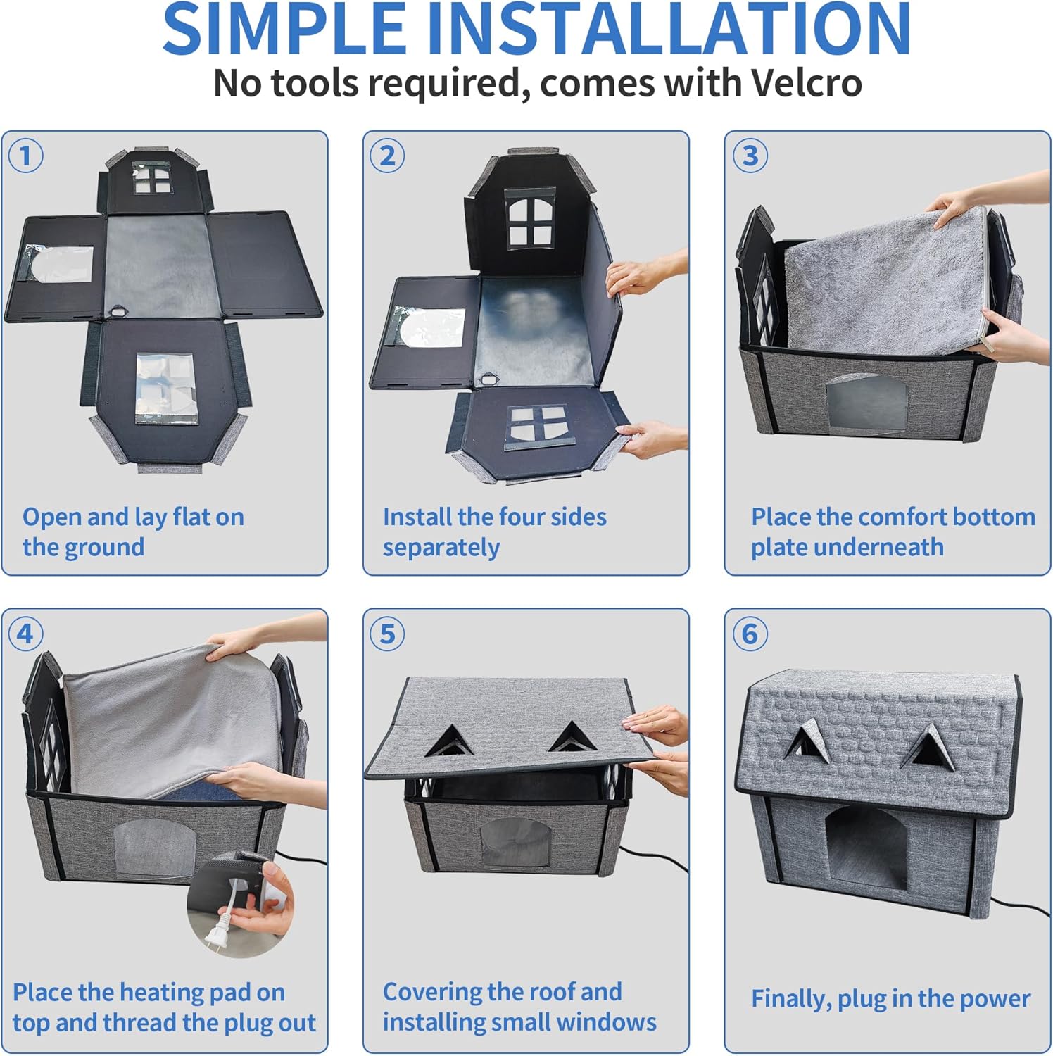 Heated Cat House with Pet Heating Pads – Intelligent Thermostat Controller, Indoor/Outdoor Kitty Shelter, Foldable Heated Bed for Puppies, Waterproof and Sturdy with Cute Windows