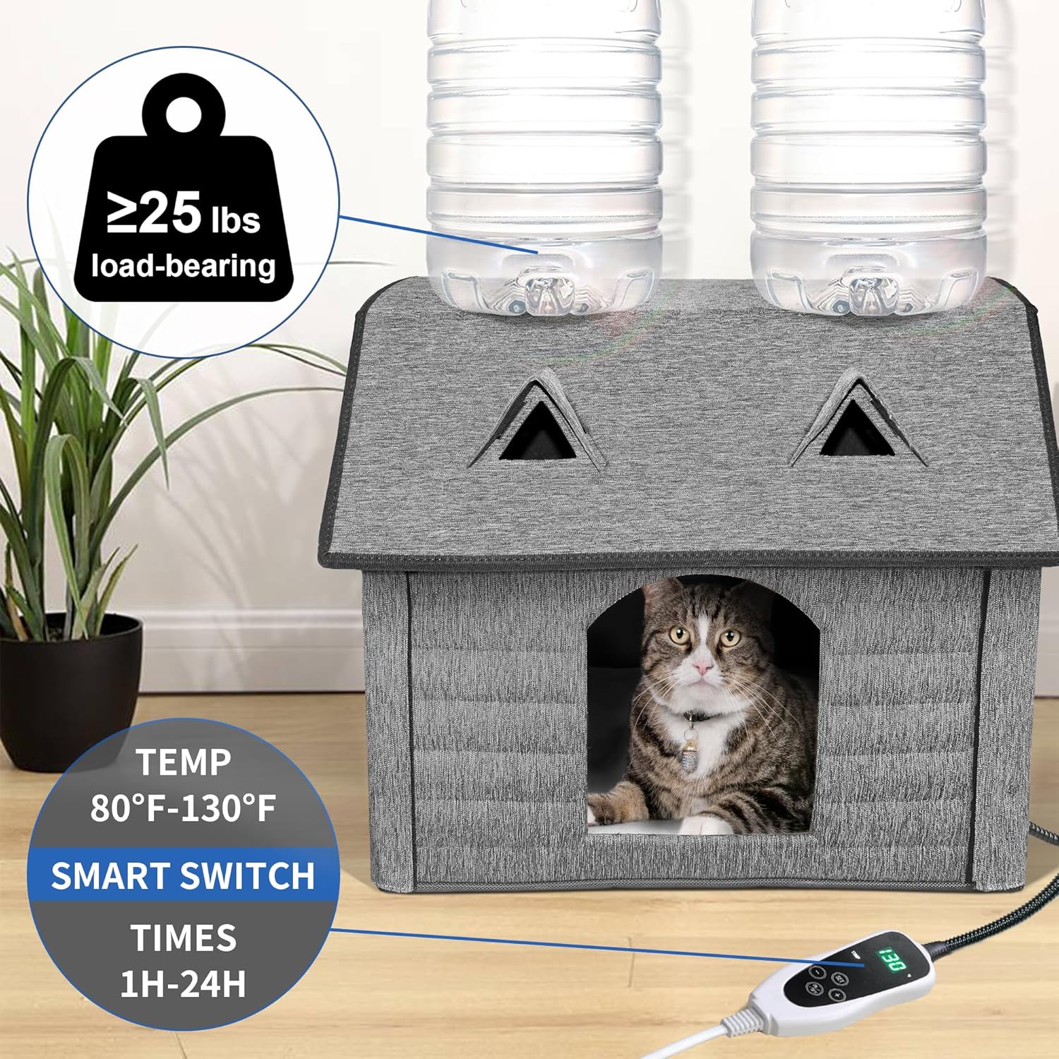 Heated Cat House with Pet Heating Pads – Intelligent Thermostat Controller, Indoor/Outdoor Kitty Shelter, Foldable Heated Bed for Puppies, Waterproof and Sturdy with Cute Windows
