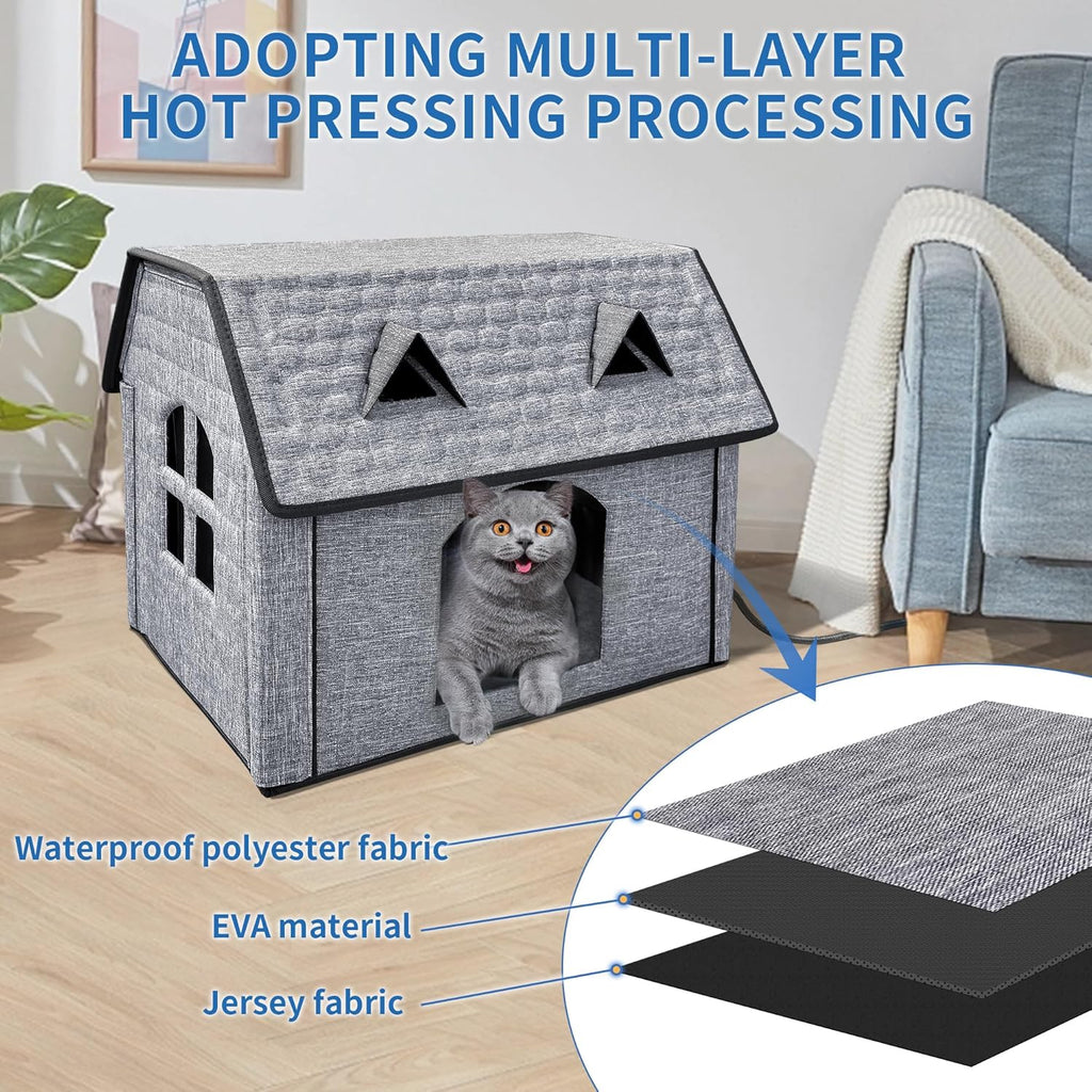 Heated Cat House with Pet Heating Pads – Intelligent Thermostat Controller, Indoor/Outdoor Kitty Shelter, Foldable Heated Bed for Puppies, Waterproof and Sturdy with Cute Windows