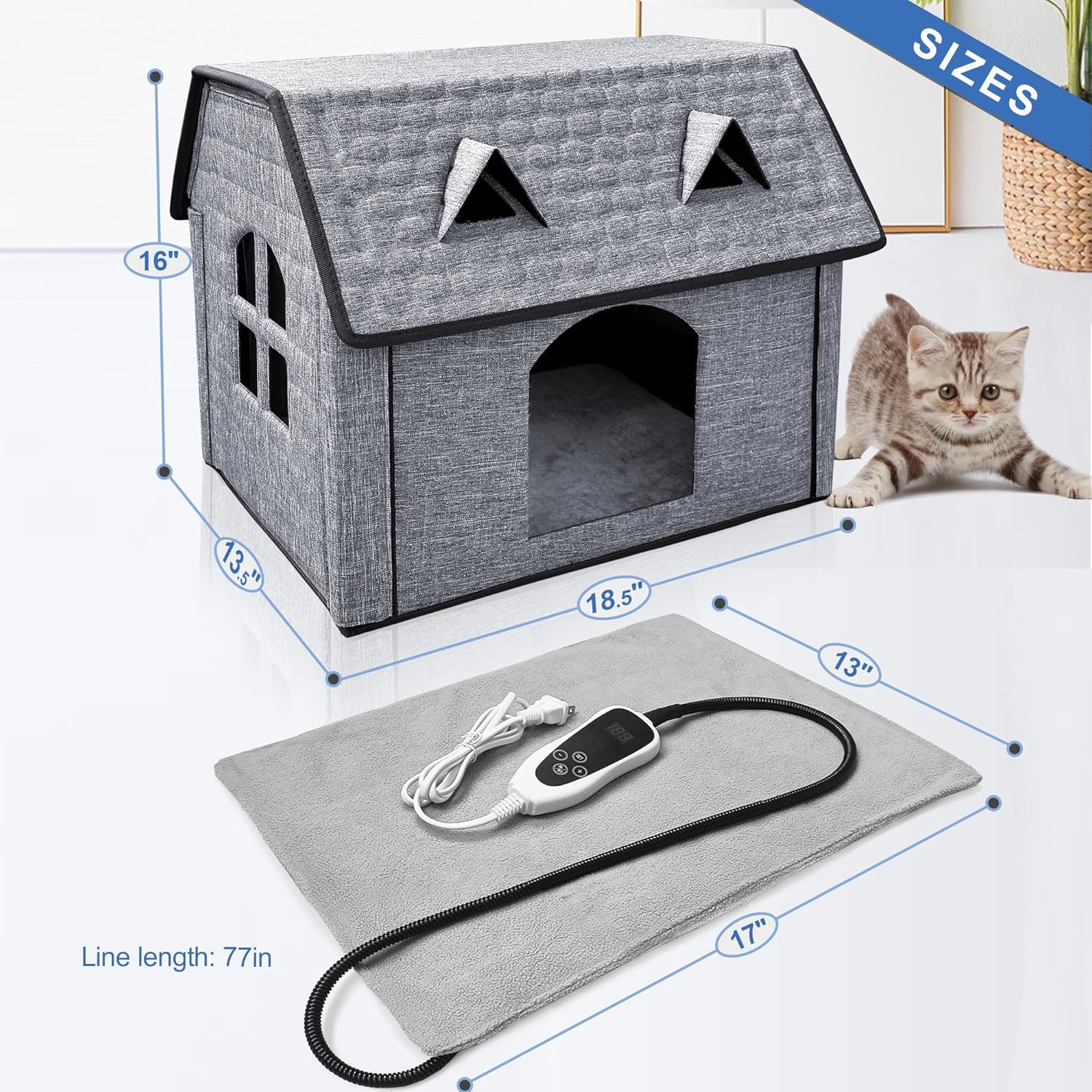 Heated Cat House with Pet Heating Pads – Intelligent Thermostat Controller, Indoor/Outdoor Kitty Shelter, Foldable Heated Bed for Puppies, Waterproof and Sturdy with Cute Windows
