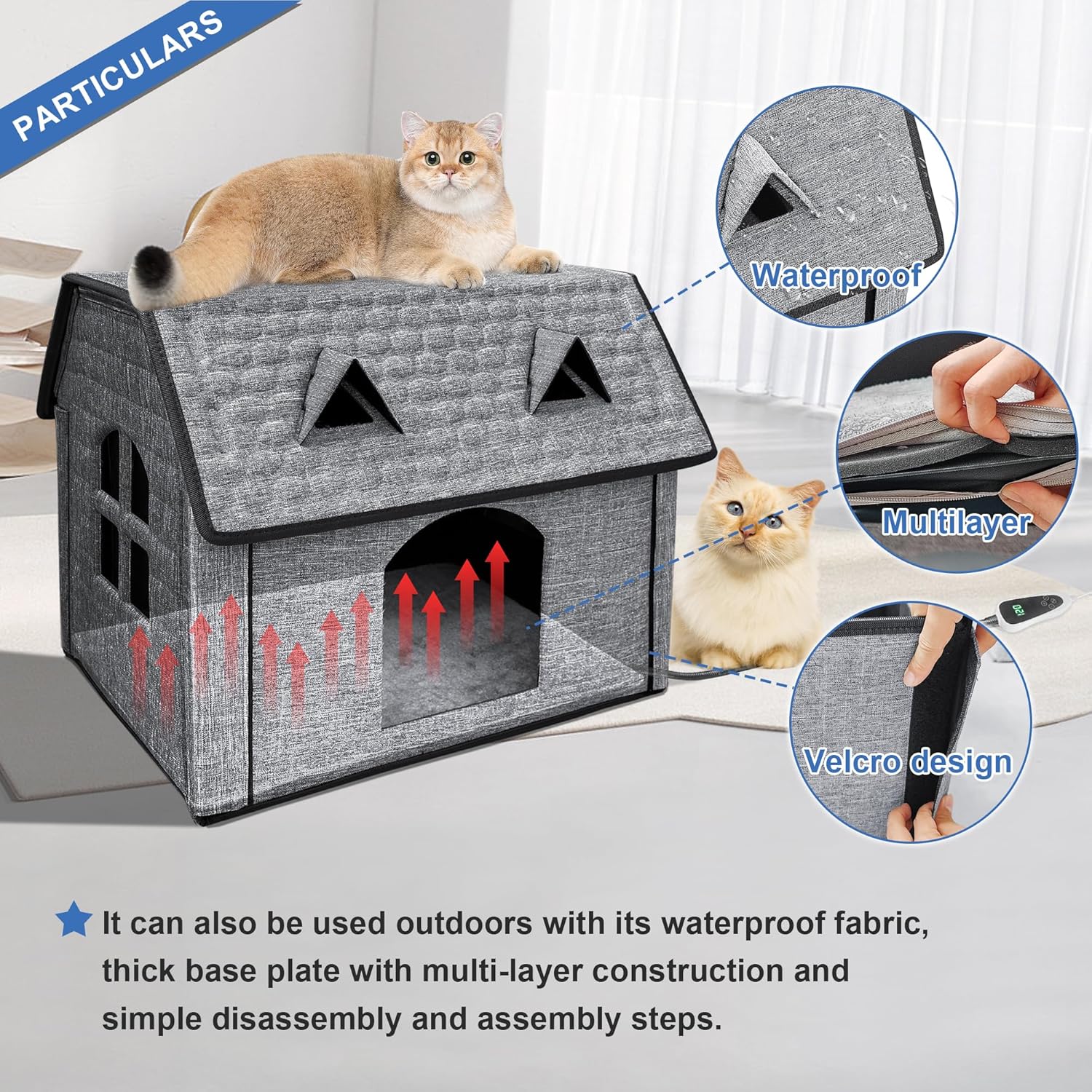 Heated Cat House with Pet Heating Pads – Intelligent Thermostat Controller, Indoor/Outdoor Kitty Shelter, Foldable Heated Bed for Puppies, Waterproof and Sturdy with Cute Windows